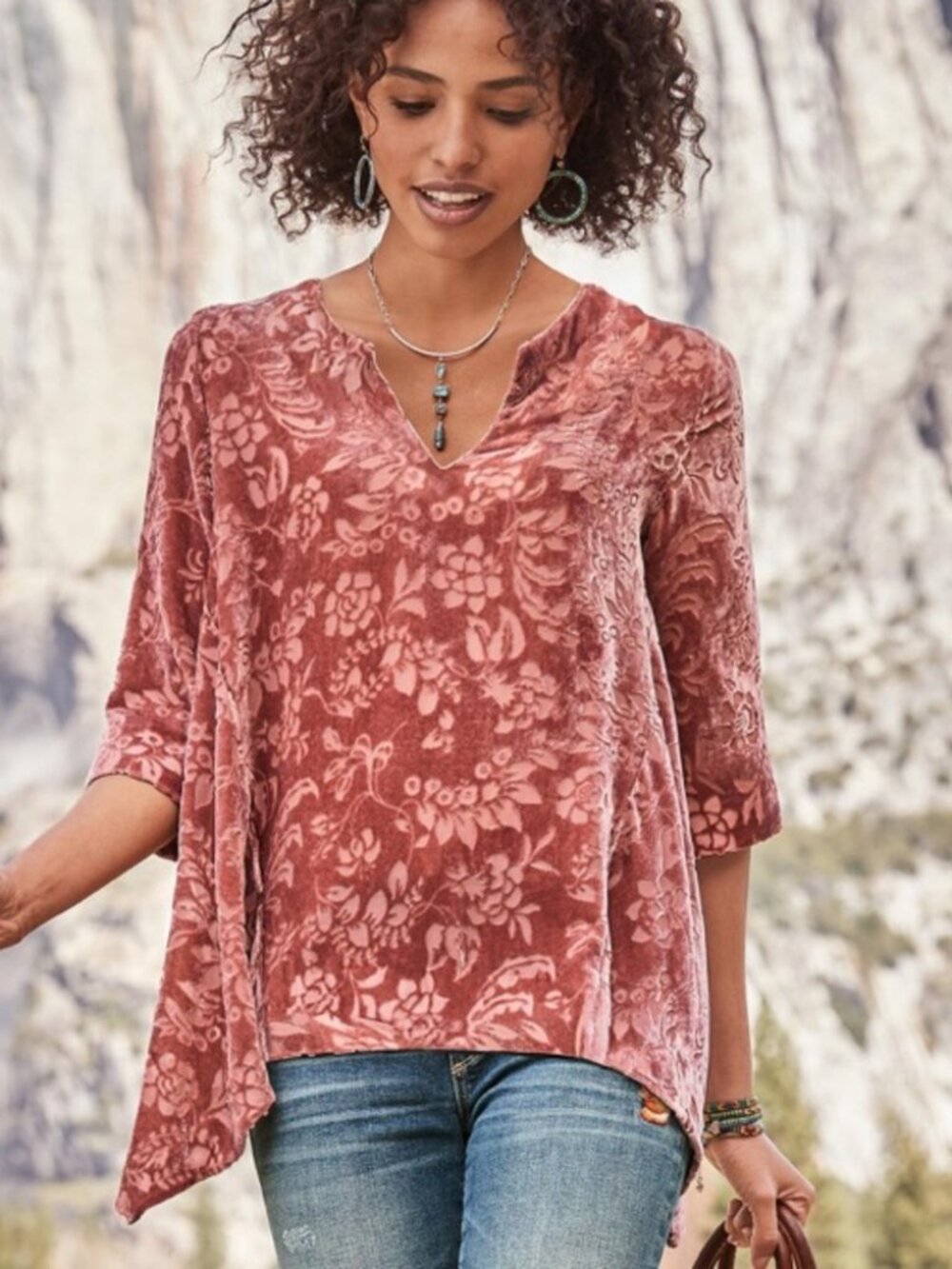 $158 Sundance Jewel Tunic Blouse Velvet Burnout Silk Blend Size L